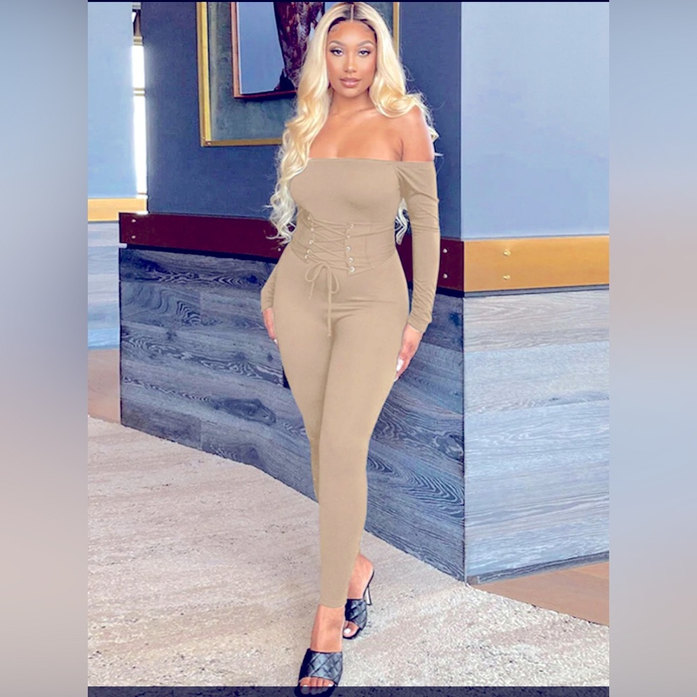 Gray Off the Shoulder Jumpsuit with Korset Belt!
